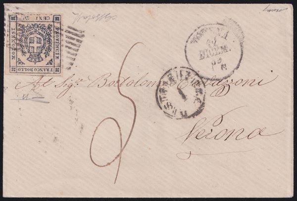 Modena G.Prov. - Postal History, 20 cents. Purple Slate. From Modena to Verona.