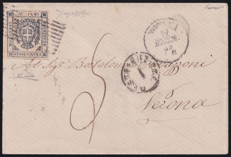 12 dicembre 1859, Busta postale Modena–Verona con affrancatura da 20 centesimi su ardesia violace...
