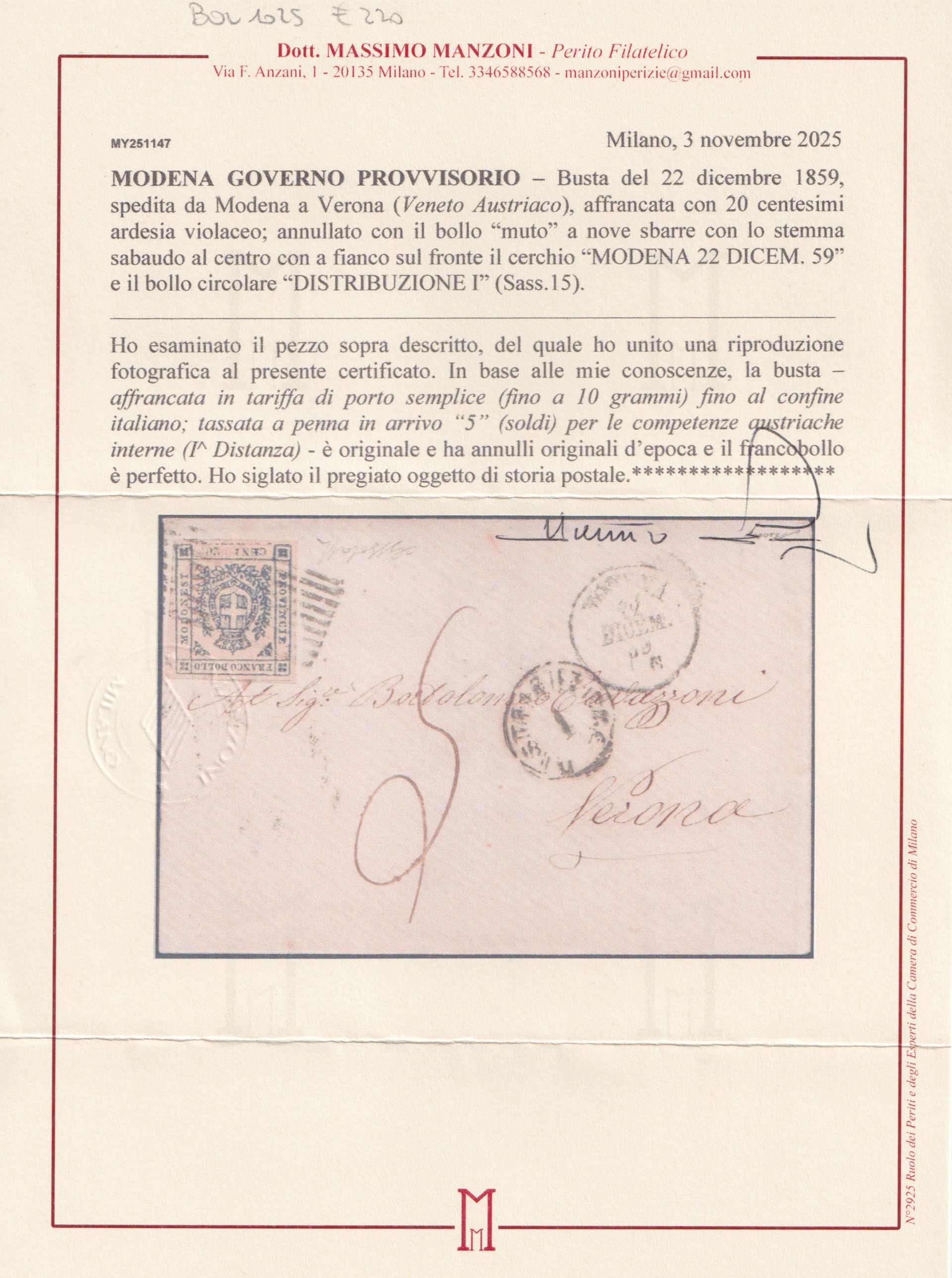12 dicembre 1859, Busta postale Modena–Verona con affrancatura da 20 centesimi su ardesia violace...