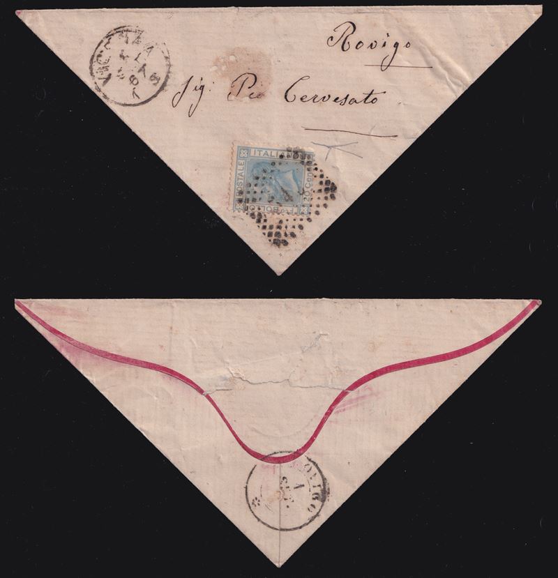 Regno d’Italia, Storia postale: lettera triangolare da Vicenza per Rovigo (1867)