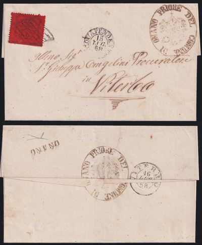 Posta pontificia, Busta postale di Onano per Viterbo con annullamento (10 cent. vermiglio arancio...