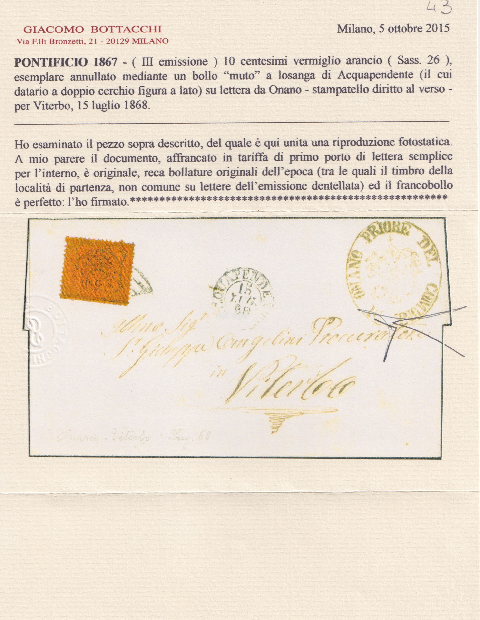 Posta pontificia, Busta postale di Onano per Viterbo con annullamento (10 cent. vermiglio arancio...