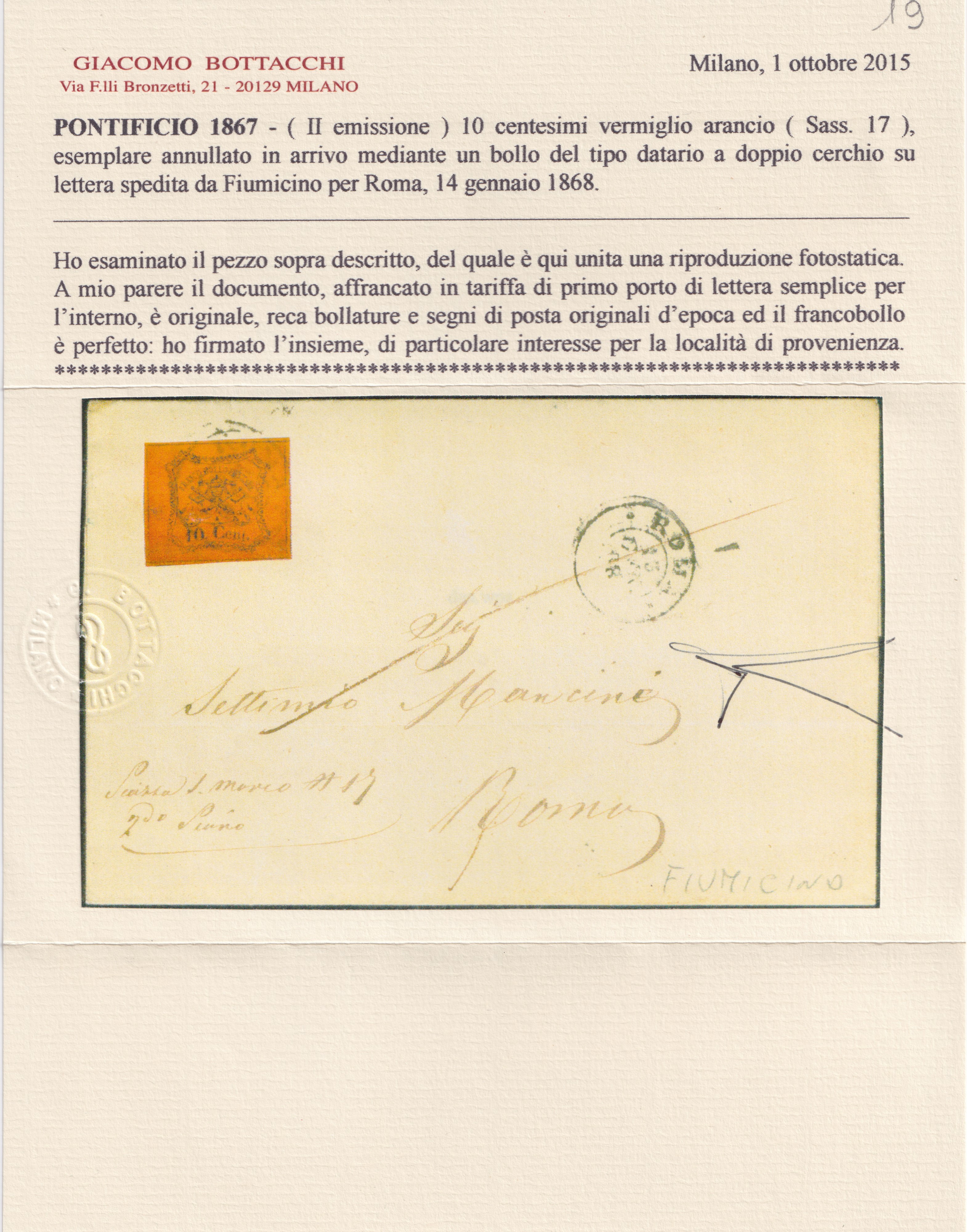 Pontificio, Lettera da Fiumicino per Roma con annullamento, 14 gennaio 1868