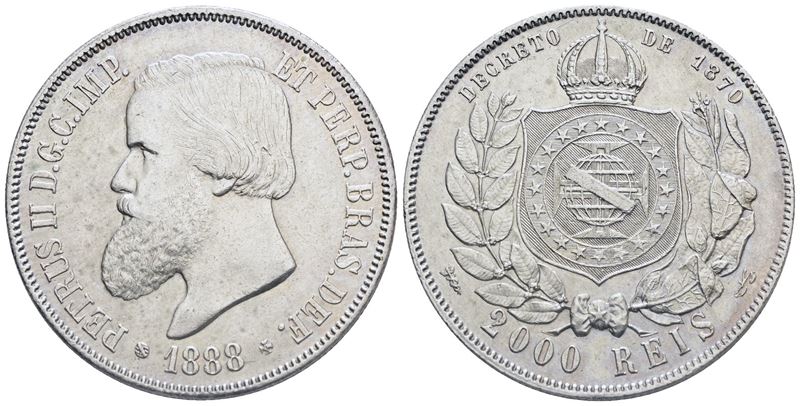 Brasile. Pedro II (1831-1889). 2000 Reis 1888. Ag; Km 485; 25,5gr; Qspl