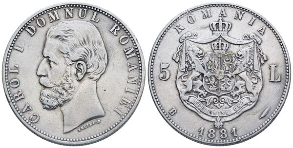 ROMANIA. Carlo I (1881-1914). 5 lei 1881. Ag; KM 12; 25gr. BB