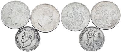 Romania. Lotto di 3 Monete da 2 Lei 1914; 500 Lei 1944; 25000 Lei 1946. Ag; Conservazioni Varie.