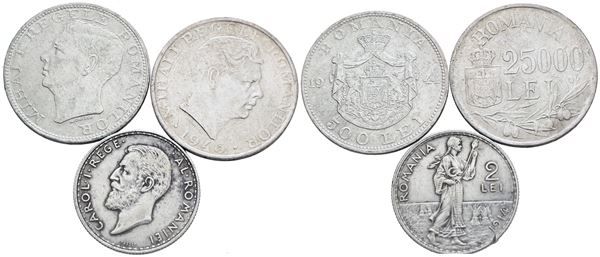 ROMANIA. Lotto di 3 monete da 2 lei 1914; 500 lei 1944; 25000 lei 1946. Ag; Conservazioni varie.