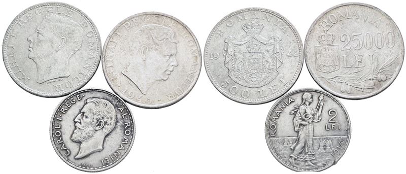 Romania. Lotto di 3 Monete da 2 Lei 1914; 500 Lei 1944; 25000 Lei 1946. Ag; Conservazioni Varie.