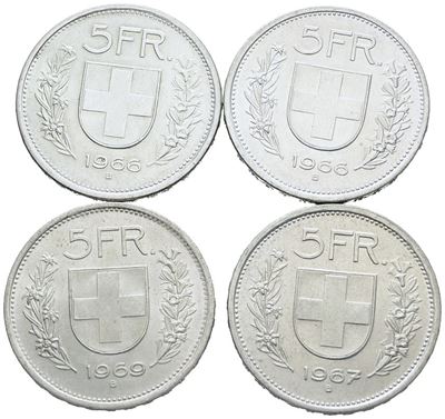 Svizzera. Lotto di 4 Monete da 5 Franchi 1966, 1966, 1967, 1969. Ag. Conservazioni Varie.