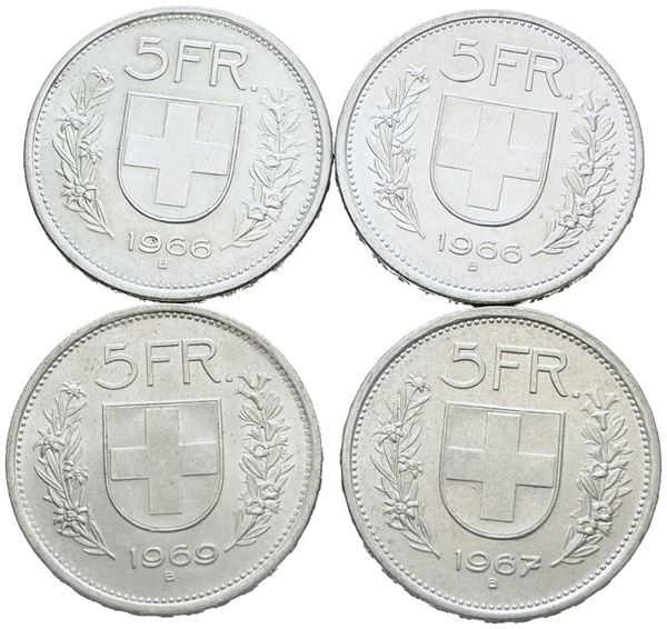 SVIZZERA. lotto di 4 monete da 5 franchi 1966, 1966, 1967, 1969. Ag. Conservazioni varie.