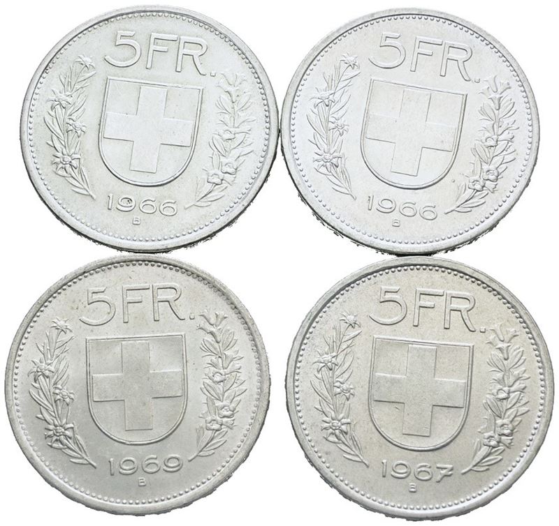 Svizzera. Lotto di 4 Monete da 5 Franchi 1966, 1966, 1967, 1969. Ag. Conservazioni Varie.