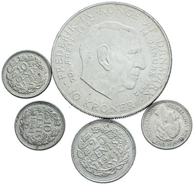 Norvegia-olanda. Lotto di 5 Monete da 10 Corone 1972 Norvegese e 4 Monete da 10-25 Centesimi Olan...