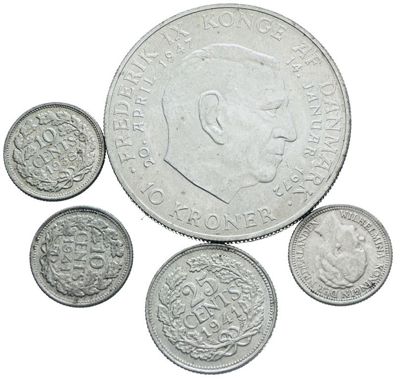 Norvegia-olanda. Lotto di 5 Monete da 10 Corone 1972 Norvegese e 4 Monete da 10-25 Centesimi Olan...