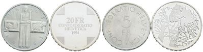 Svizzera. Lotto di 2 Monete da 5 Franchi 1963 e 20 Franchi 1994. Ag. Conservazioni Varie.