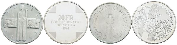 SVIZZERA. Lotto di 2 monete da 5 franchi 1963 e 20 franchi 1994. Ag. Conservazioni varie.