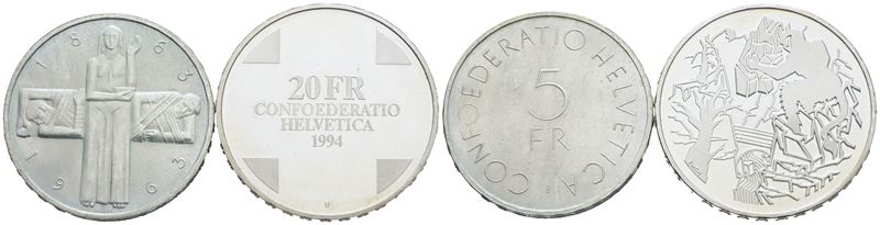 Svizzera. Lotto di 2 Monete da 5 Franchi 1963 e 20 Franchi 1994. Ag. Conservazioni Varie.