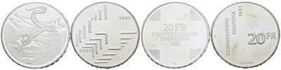 Svizzera. Lotto di 2 Monete da 20 Franchi 1991 e 1995. Ag. Conservazioni Varie.