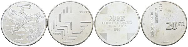 SVIZZERA. Lotto di 2 monete da 20 franchi 1991 e 1995. Ag. Conservazioni varie.