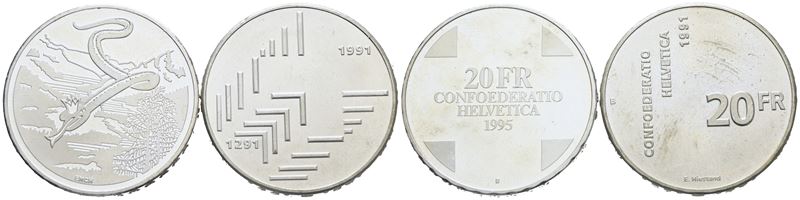 Svizzera. Lotto di 2 Monete da 20 Franchi 1991 e 1995. Ag. Conservazioni Varie.