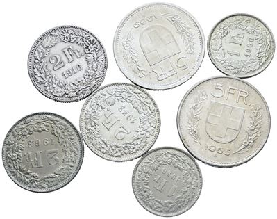 Svizzera. Lotto di 7 Monete da 5 Franchi, 2 Franchi e 1 Franco. Ag. Date e Conservazioni Varie.
