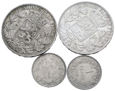 Belgio. Lotto di 4 Monete da 5 Franchi 1852-1874, 1 Franco 1912-1913. Ag. Conservazioni Varie.