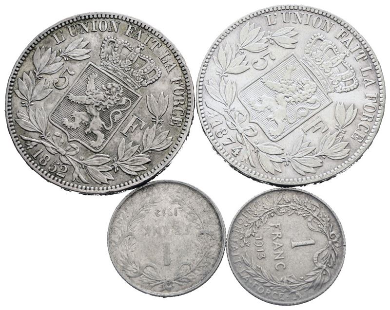 Belgio. Lotto di 4 Monete da 5 Franchi 1852-1874, 1 Franco 1912-1913. Ag. Conservazioni Varie.