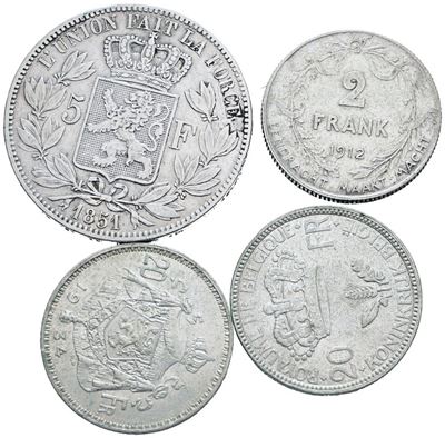 Belgio. Lotto di 4 Monete da 5 Franchi 1851, 2 Franchi 1912, 20 Franchi 1934-1935. Ag. Conservazi...