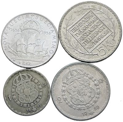 Svezia. Lotto di 4 Monete da 2 Corone 1938, 5 Corone 1966, 2 Corone 1950, 1 Corona 1947. Ag. Cons...