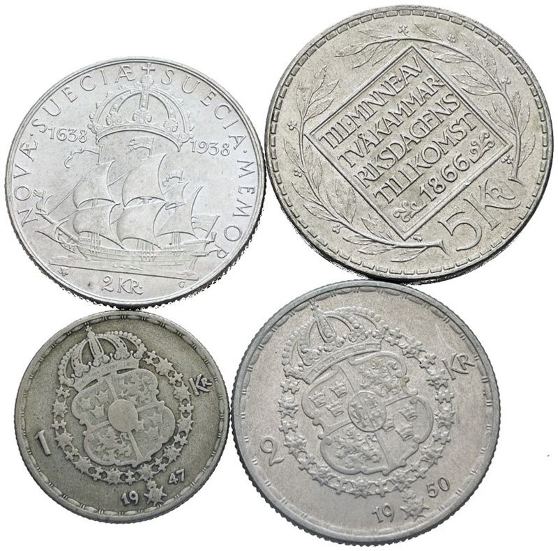 Svezia. Lotto di 4 Monete da 2 Corone 1938, 5 Corone 1966, 2 Corone 1950, 1 Corona 1947. Ag. Cons...