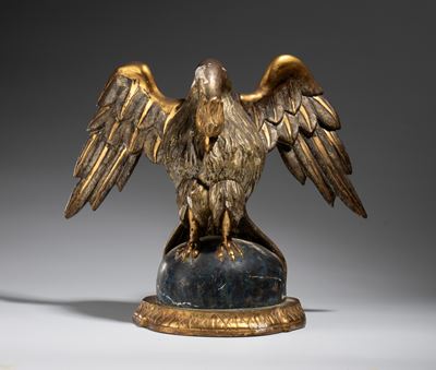 Scultura decorativa, pellicano/cigno intagliato e dorato con base laccata blu, Francia fine XVIII...
