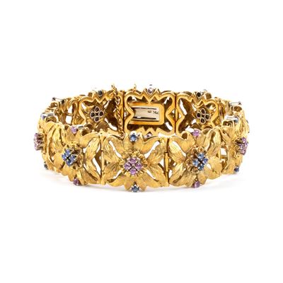 Bracciale floreale, oro 18k con rubini e zaffiri