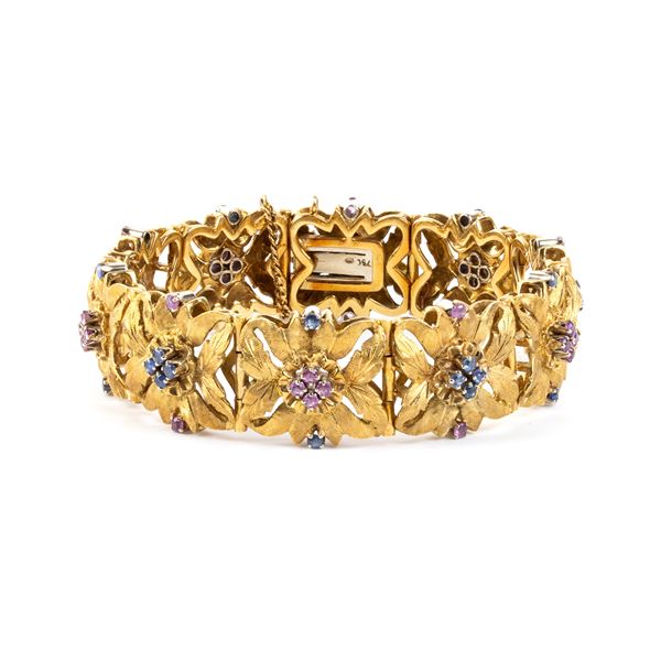 Bracciale floreale in oro con rubini e zaffiri  