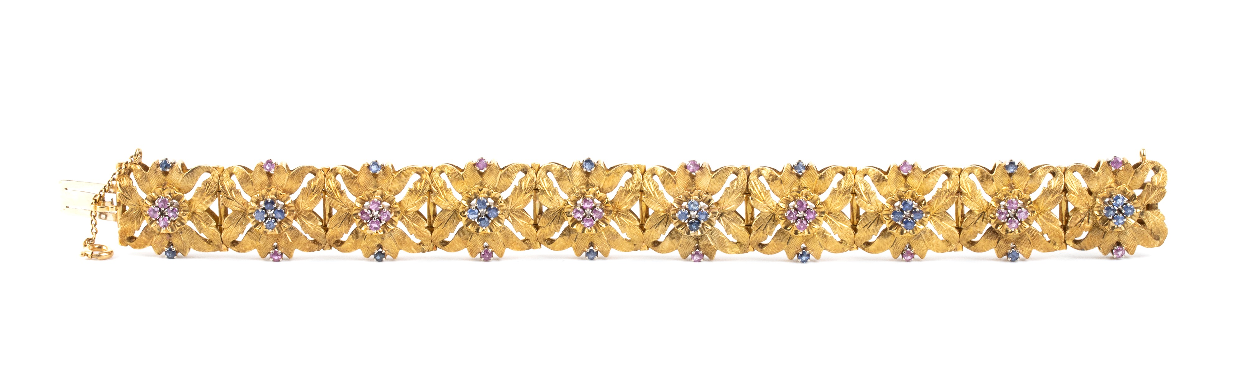 Bracciale floreale, oro 18k con rubini e zaffiri