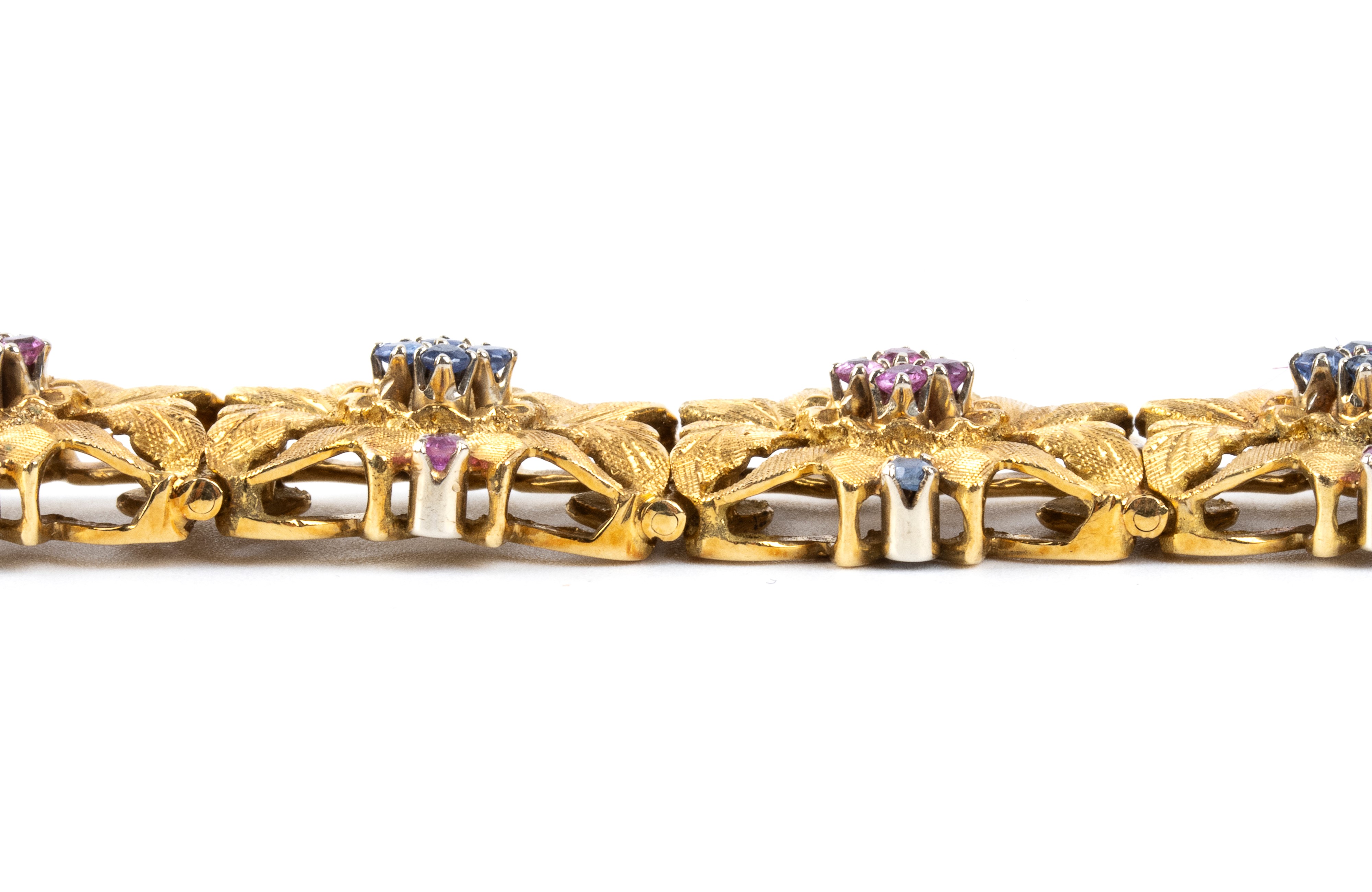 Bracciale floreale, oro 18k con rubini e zaffiri