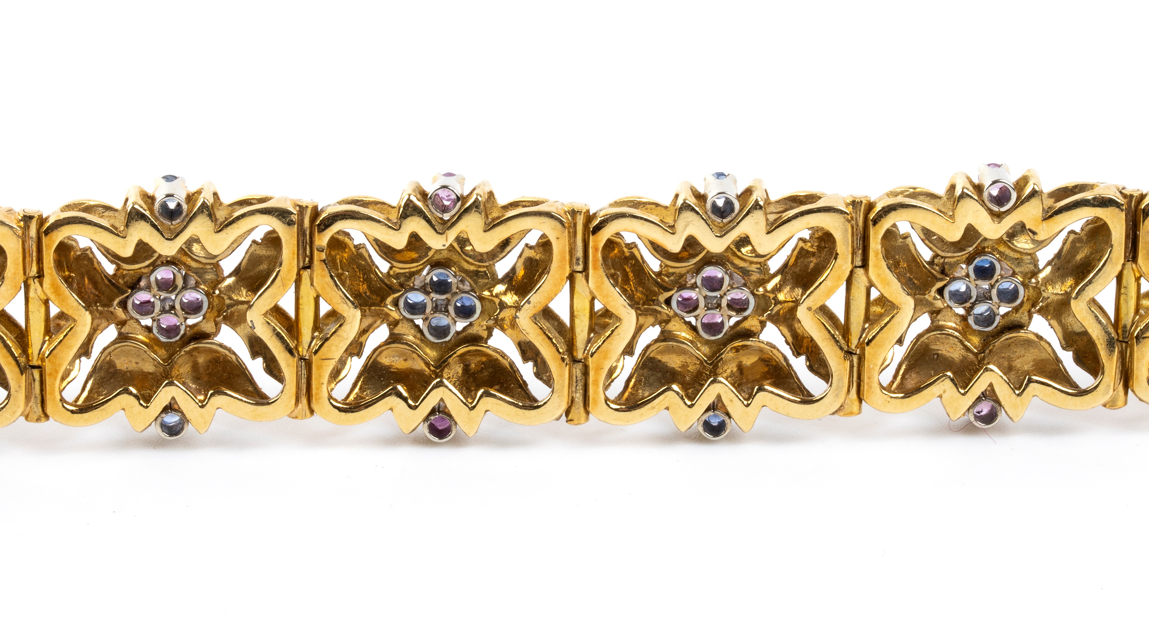 Bracciale floreale, oro 18k con rubini e zaffiri