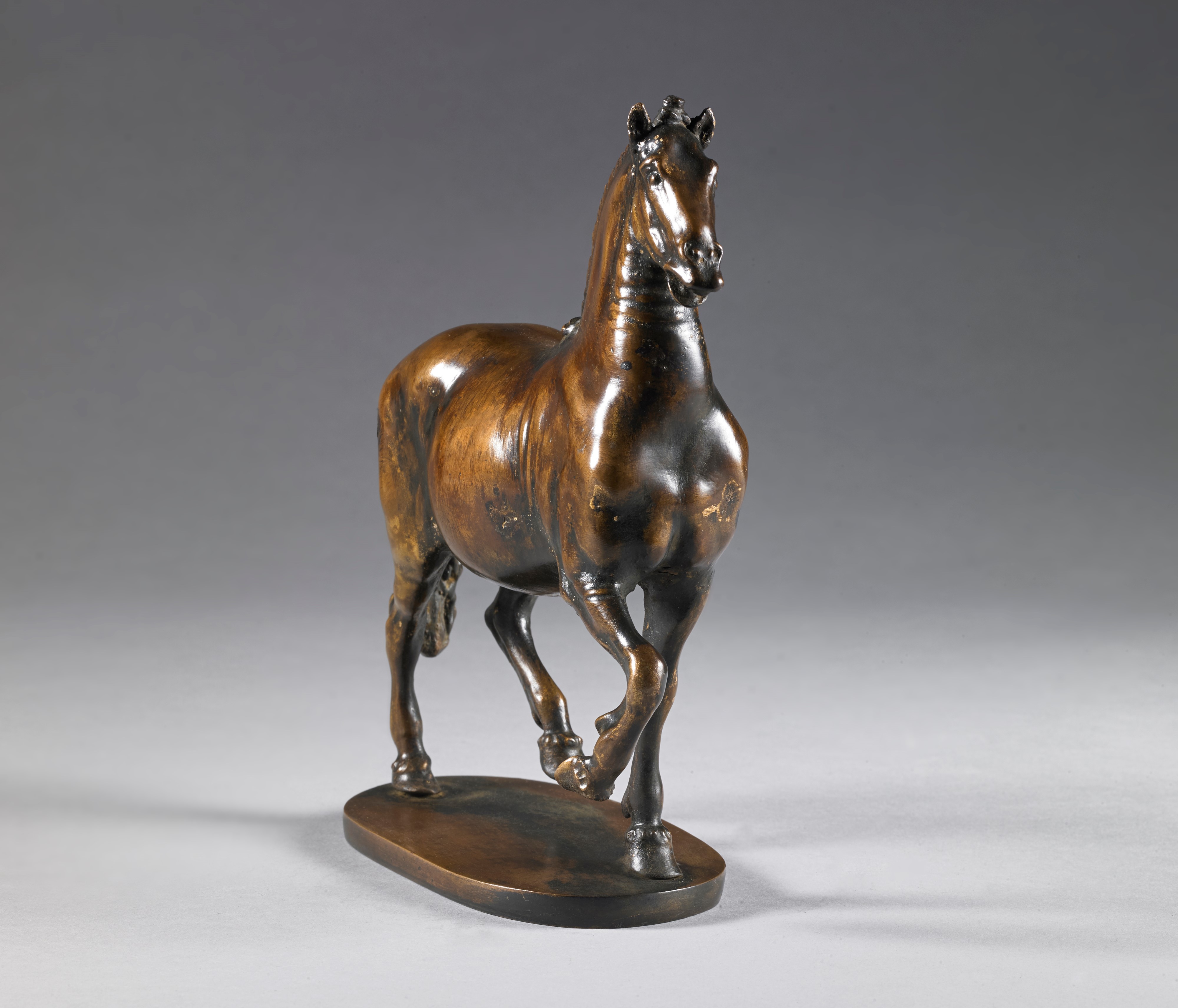 Cavallo al passo, Giambologna (Douai, 1529- Firenze, 1608) Bottega di. Bronzo, lacca rossa traspa...