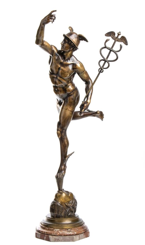 Flying Mercury. From the model by Giambologna (Douai, 1529-Florence, 1608). 18th-19th century. Bronze with a transparent gilded patina.