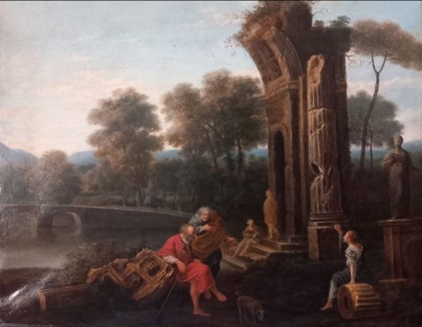 Capriccio nella campagna romana. Siglato David 1794 sul verso. Carta dipinta ad olio su telaio antico.