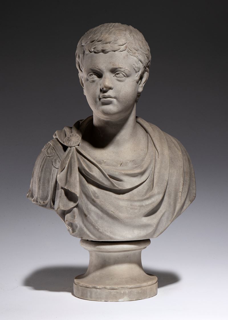 Ritratto di giovane imperatore Faustino o Caracalla, busto in marmo bianco