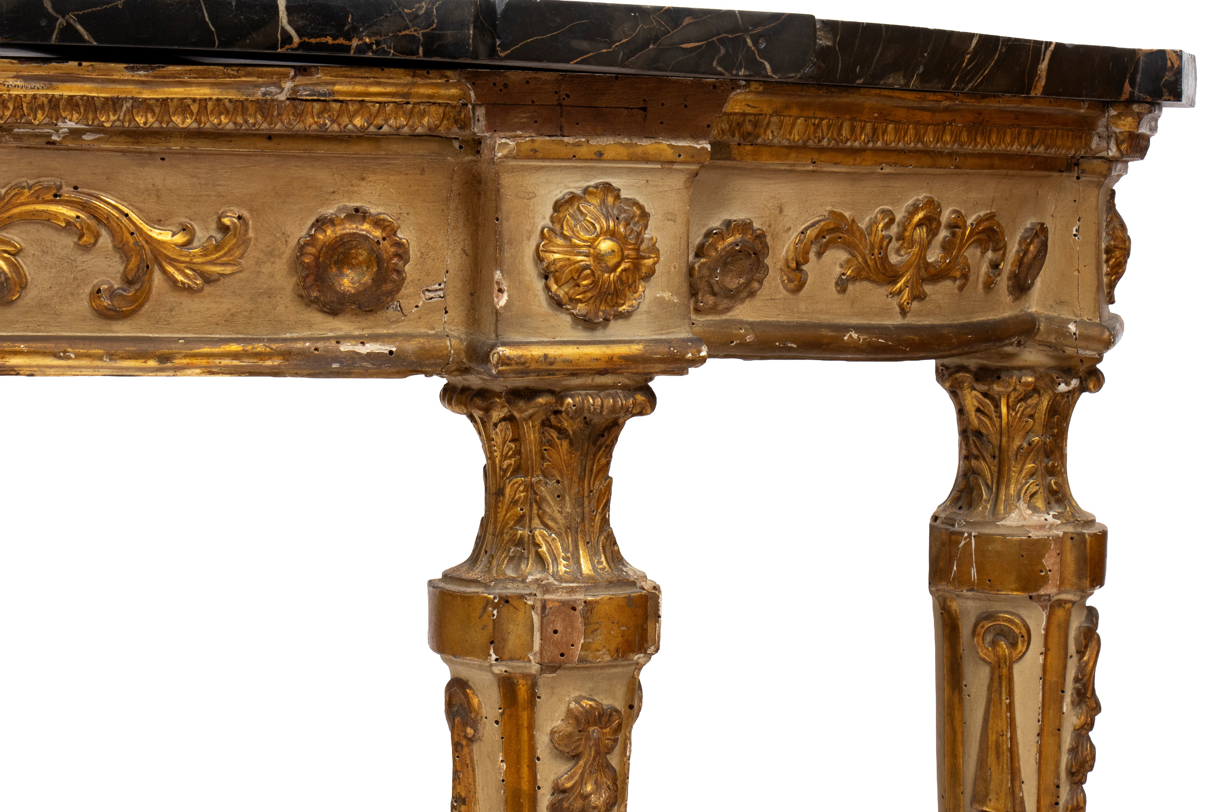 Consolle laccata e dorata in stile Luigi XVI, piano in marmo nero, Venezia, XVIII secolo