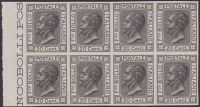 1867, Bigola 20 cent. – Prova in nero, blocco di otto con bordo di foglio