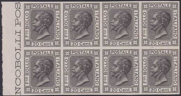 Kingdom - Essays and Trials, block of 8 of the black trial of Bigola 20 cent.