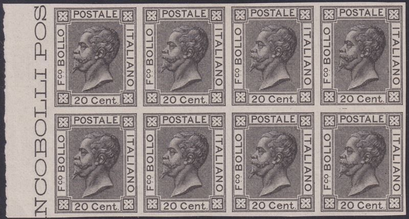 1867, Bigola 20 cent. – Prova in nero, blocco di otto con bordo di foglio