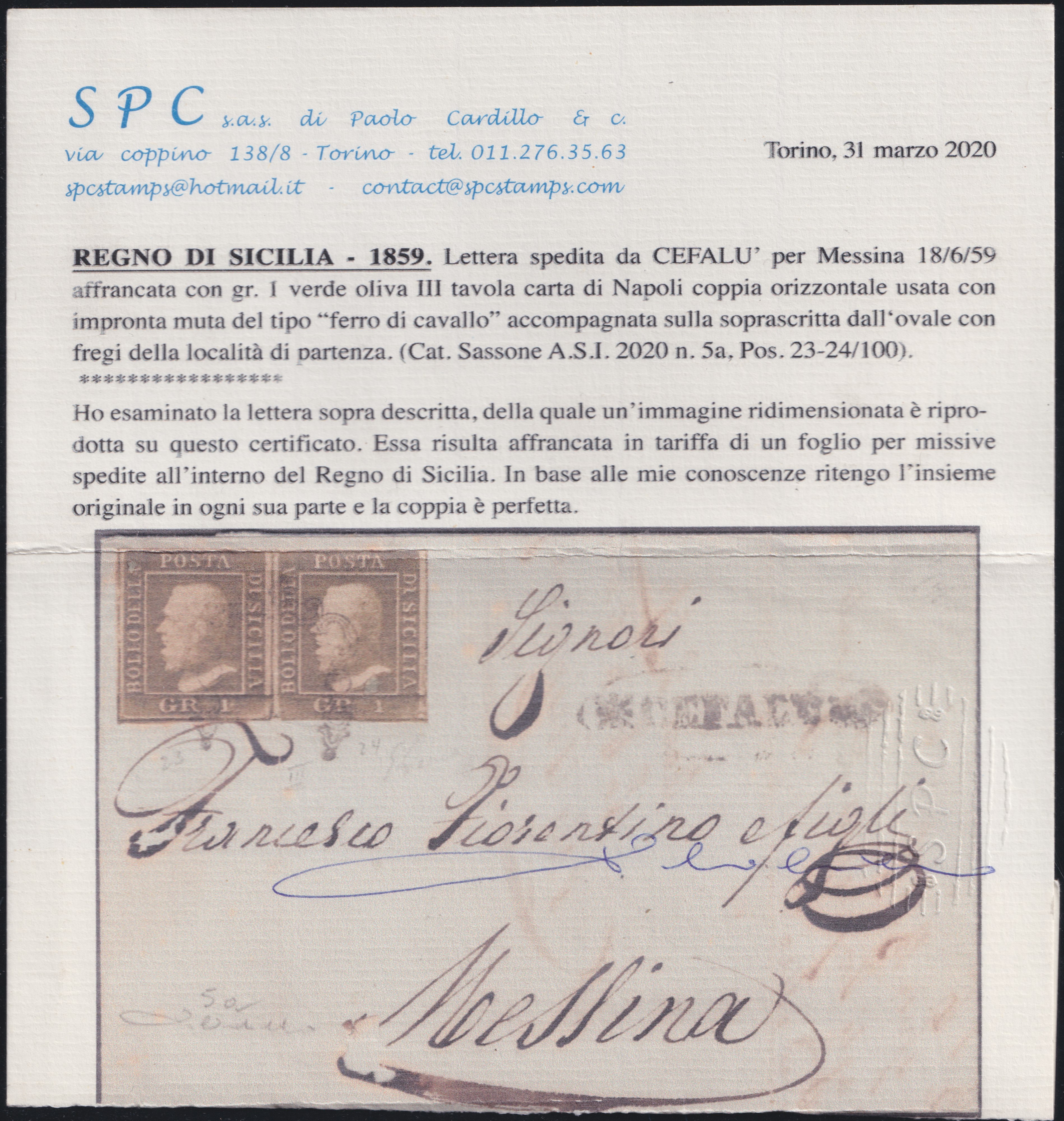 Cartolina postale storica, Sicilia—Lettera da Cefalù per Messina (18 giugno 1859) affrancata con ...