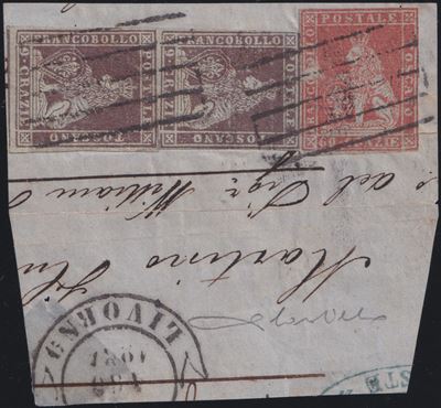 Francobolli toscani, I emissione: frammento di lettera con affrancatura mista 9cr e 60cr