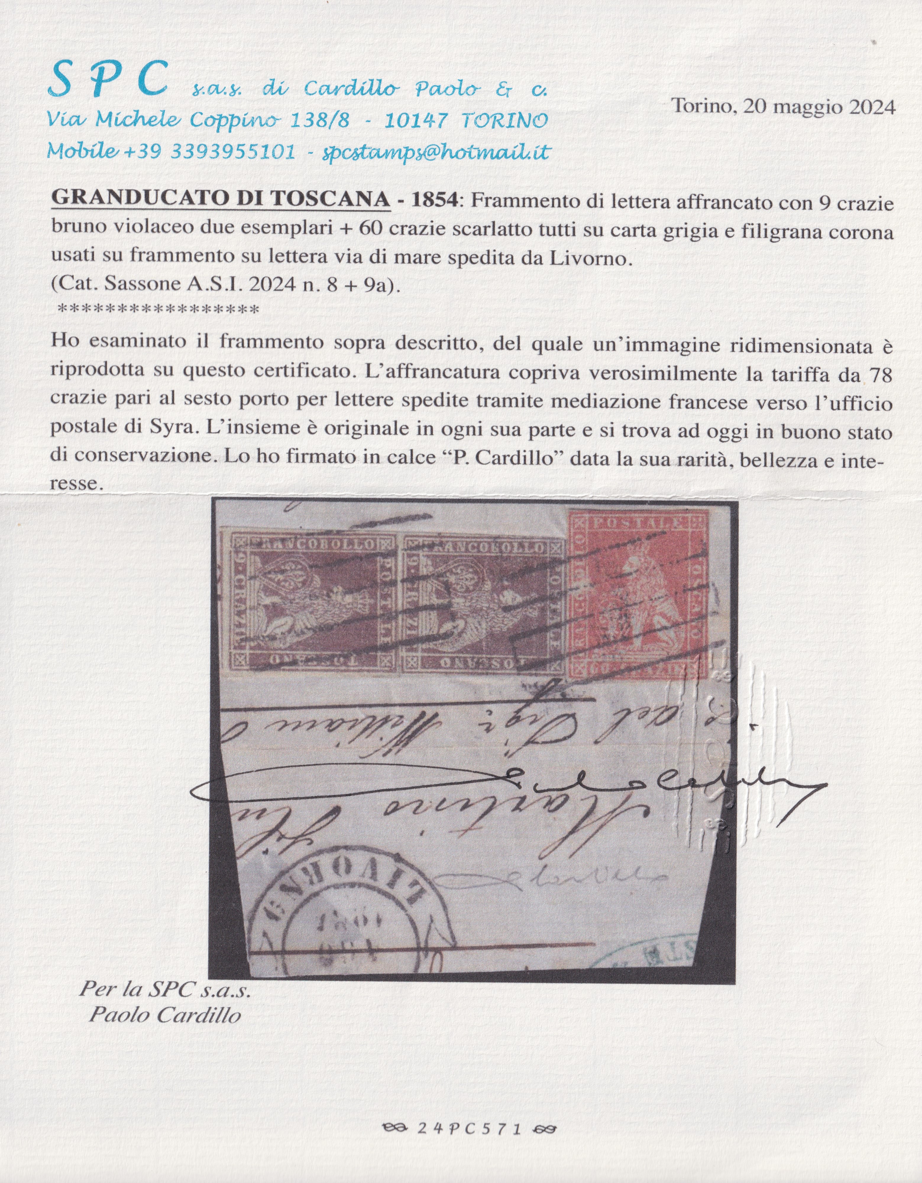 Francobolli toscani, I emissione: frammento di lettera con affrancatura mista 9cr e 60cr