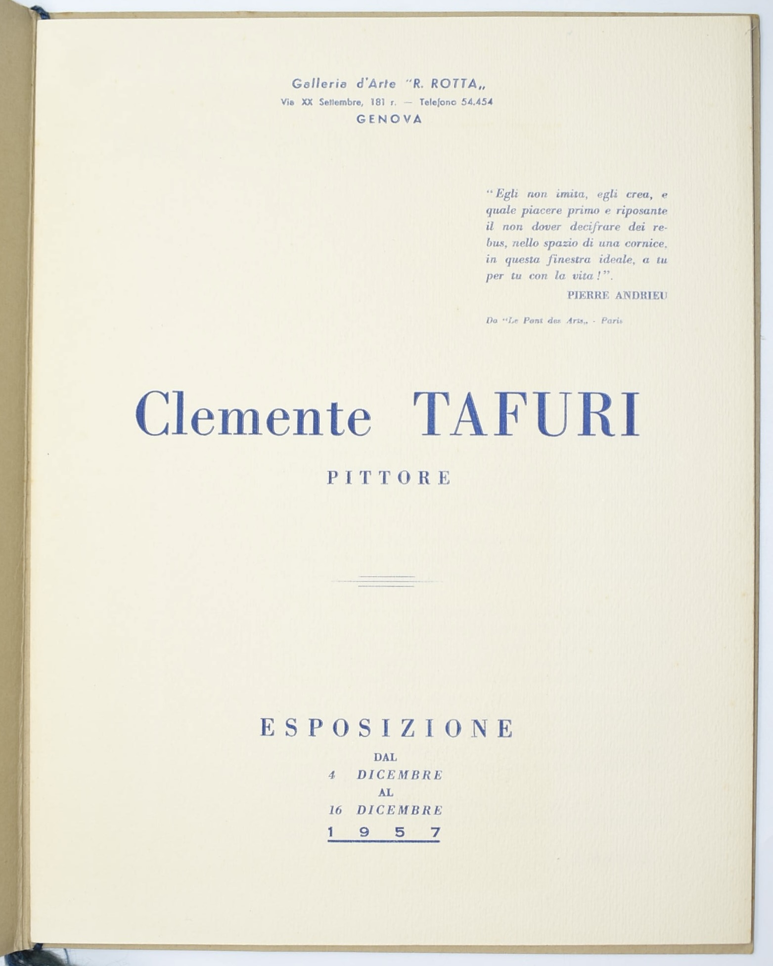 Clemente Tafuri, Catalogo della mostra presso Galleria d’Arte R. Rotta, Genova 1954