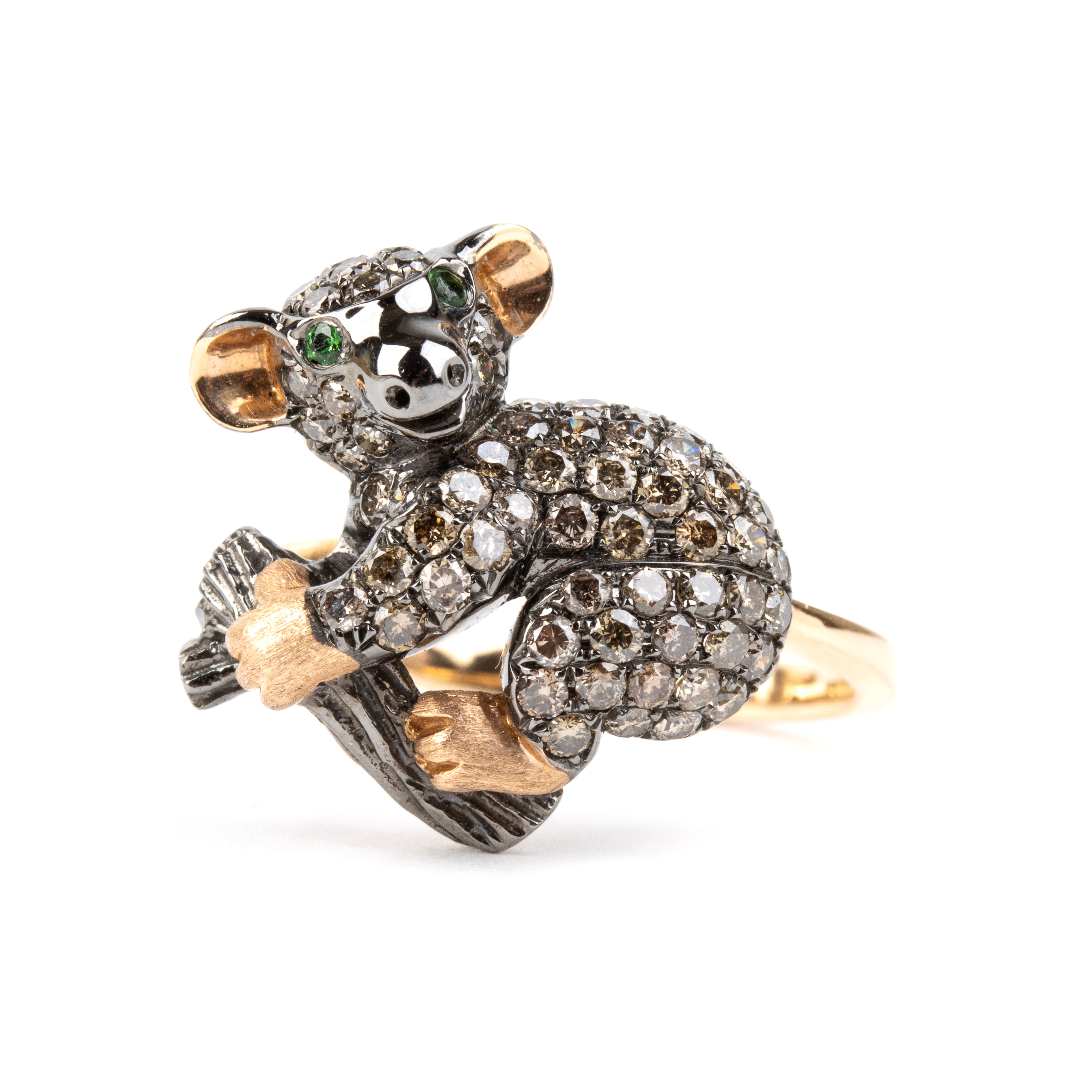 Branar Paris - BRANAR, Anello in oro giallo 18k con diamanti e tsavoriti a motivo di koala