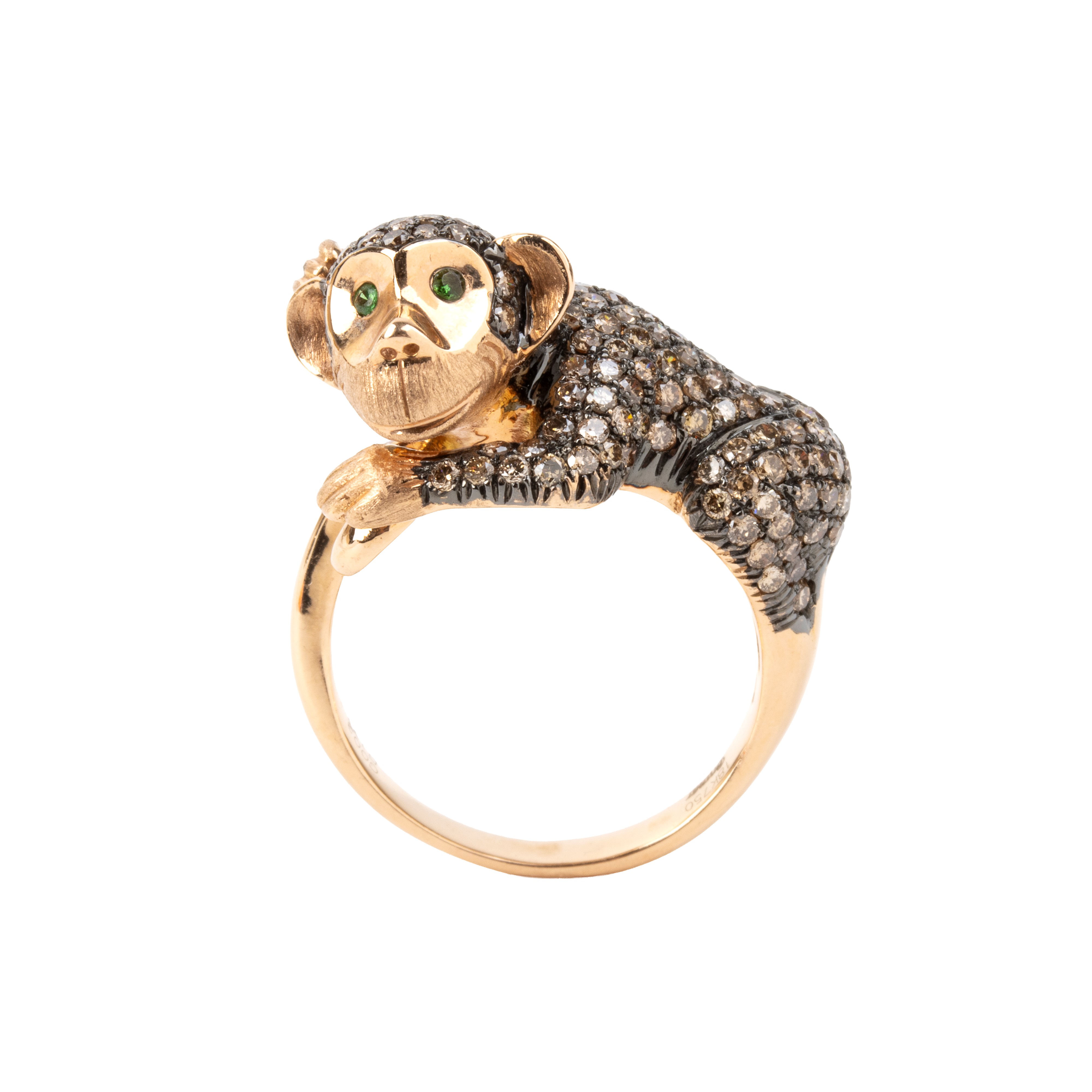 Branar Paris - Branar, Anello in oro rosa 18k con diamanti e tsavoriti a forma di scimmietta
