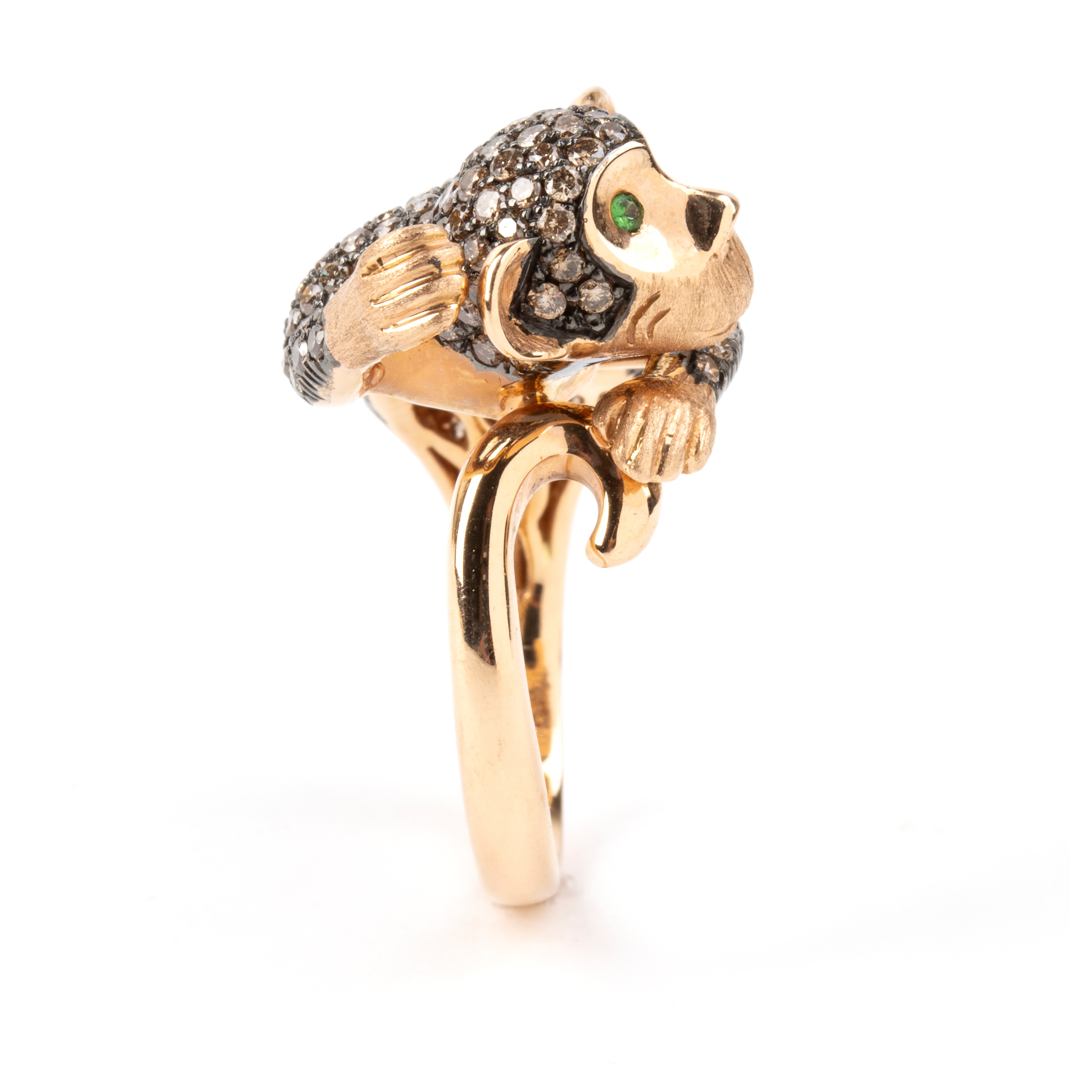 Branar Paris - Branar, Anello in oro rosa 18k con diamanti e tsavoriti a forma di scimmietta